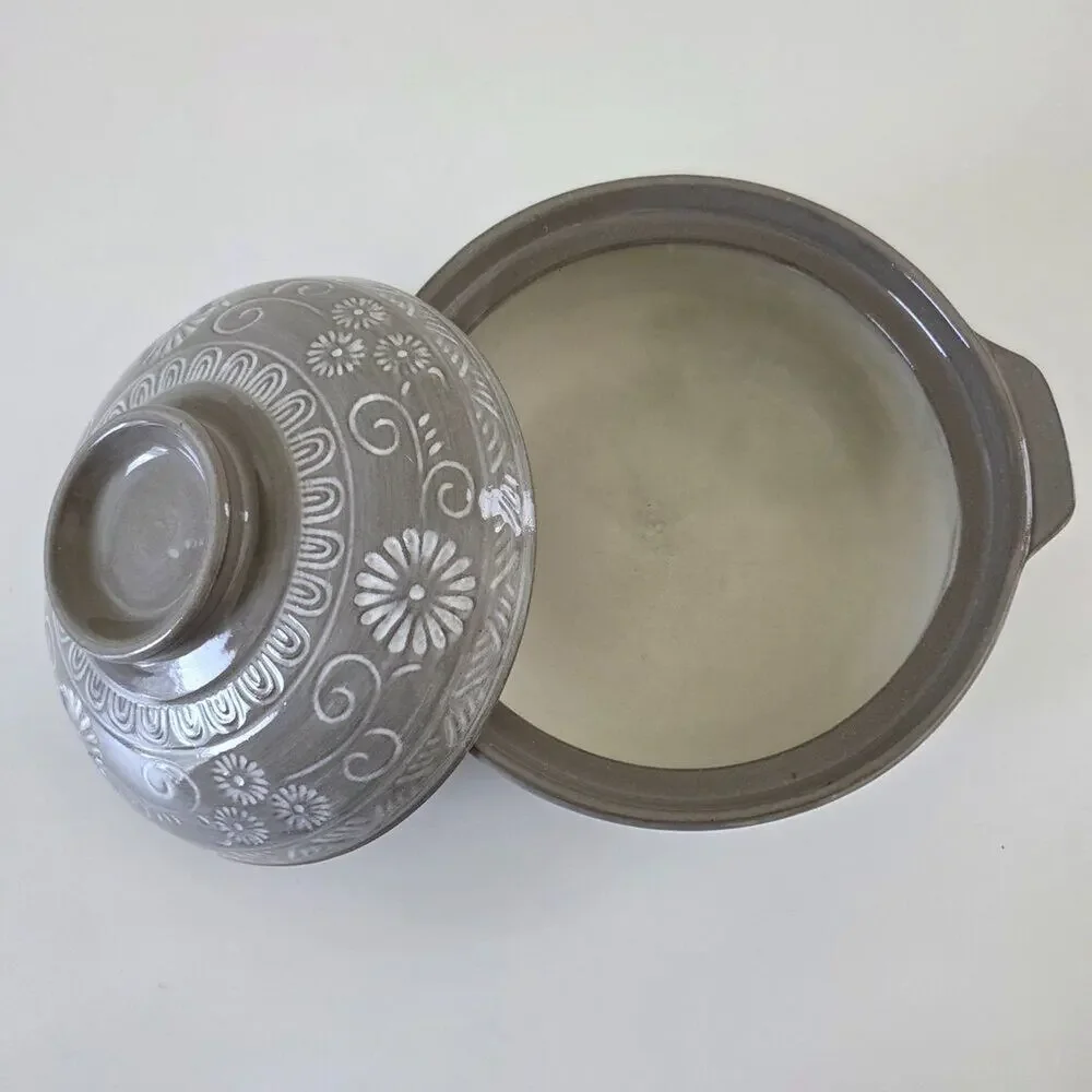 Vintage Handcrafted Ceramic Casserole Dish w Lid Gray Embossed Floral Rustic